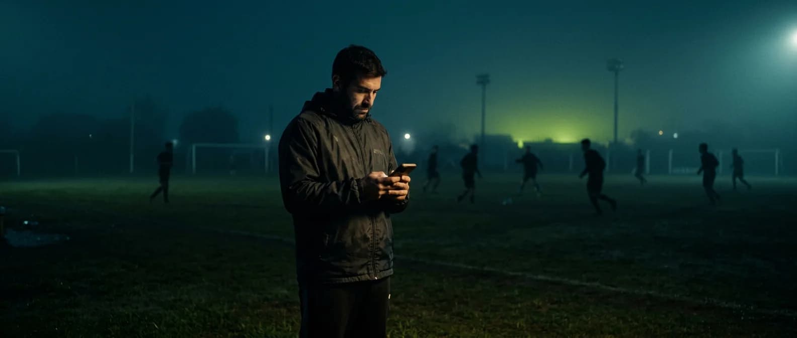 Un delegado completa la planilla del partido desde el celular, en la cancha de noche