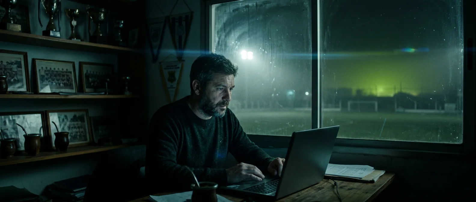 Un organizador carga el torneo en la computadora, en la oficina del club, con la cancha de noche por la ventana